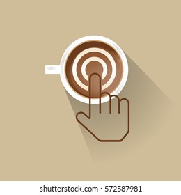 Cup of coffee top view with long shadow.click icon wake up concept. vector illustration.