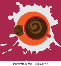Cup with coffee top view on a colored background