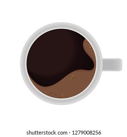 Cup of coffee top view on white background.