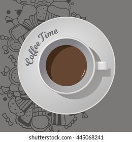 Cup of coffee top view on the gray background with a pattern of sweets. Flat style.