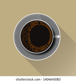 Cup of coffee top view. realistic style with long shadow and copy space. , vector Illustration 