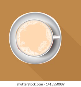 Cup of coffee top view. realistic style with long shadow and copy space, vector Illustration.