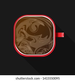 Cup of coffee top view. realistic style with long shadow and copy space, vector Illustration.