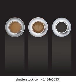 Cup of coffee top view. realistic style with long shadow and copy space, vector Illustration. coffee set.