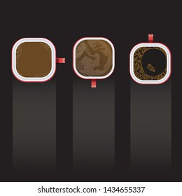 Cup of coffee top view. realistic style with long shadow and copy space, vector Illustration. coffee set.