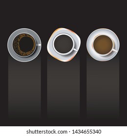 Cup of coffee top view. realistic style with long shadow and copy space, vector Illustration. coffee set.