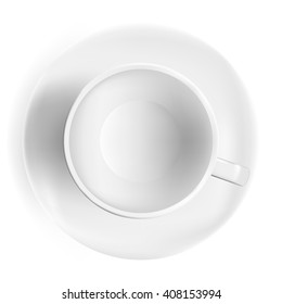 Cup of coffee, top view. Realistic tea cup, white background. Photorealistic vector illustration