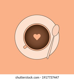 A cup of coffee top view, with spoon and adding some love topping. Beverage coffee drink illustration concept.