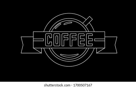 Cup of coffee top view with tape on it. Black and white outline. Coffee shop logo template, coffee house emblem, vector illustration.