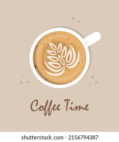 Kaffee-Pokal, Draufsicht und Kaffee-Zeit-Text. Vektorgrafik