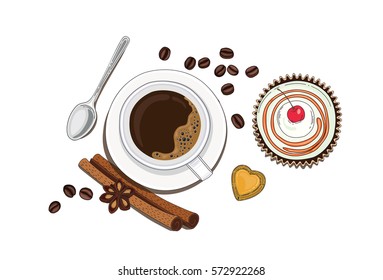 Cup of coffee top view vector illustration. Cinnamon, spoon, cake, coffee beans, and yellow candy heart around