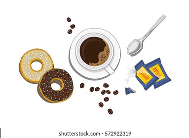 Cup of coffee top view vector illustration. Donuts, spoon, coffee beans, and one time pack sugar, its all your need to get enjoyleble coffee time