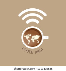 Cup of coffee top view world map.wifi icon. logo connection concept. vector illustration.