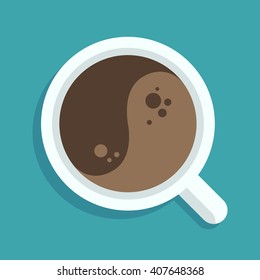 Cup of coffee, top view with Yin Yang symbol. Flat vector icon. Zen coffee shop concept.