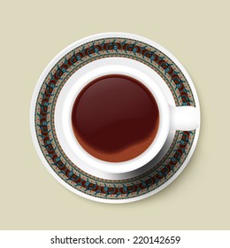 Cup of coffee and tribal texture on a saucer. Vector illustration