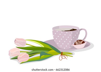 Cup of coffee and tulips