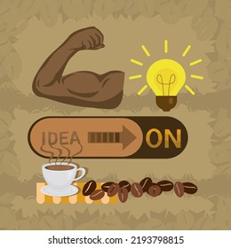 A cup of coffee turn on power energy bulb light creative, Coffee drink for refresh concept, illustrator vector cartoon drawing
