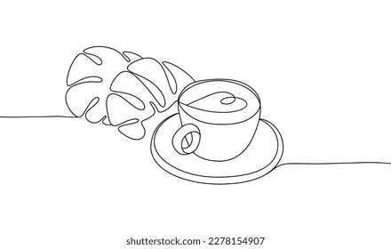 A cup of coffee with two croissants. One line drawing. French breakfast. Bakery. For different uses. Vector illustration