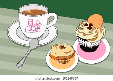 A cup of coffee and two cupcakes on a table