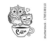A cup of coffee and two owls are sitting on it. The inscription on the cup is coffee. Hand-drawn vector illustration.
 For the design of prints, posters, coloring books, badges, stickers, cards.
