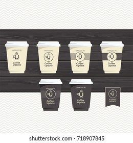 Cup of coffee, Coffee Update, corporate identity, on wooden background, illustration, vector 