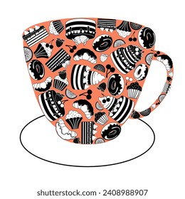 A cup of coffee from various black and white confectionery icons on white background. Vector illustration for decoration, poster, card.