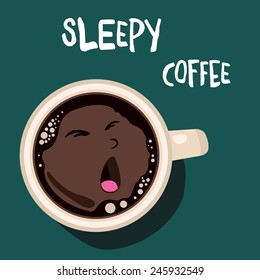 Cup of coffee, vector background, sleepy face