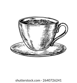Una taza de café. Vector gráfico blanco y negro dibujado a mano ilustración. Aislar sobre un fondo blanco. Para embalajes, logotipos y etiquetas. Para Anuncios, folletos, menús, carteles y más.