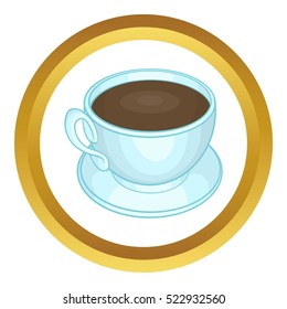 Cup of coffee vector icon in golden circle, cartoon style isolated on white background
