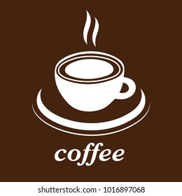 Cup of coffee vector icon, logo, sign, emblem. White abstract coffee cup and saucer and the inscription, isolated on brown background