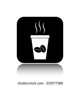 cup of coffee vector icon on black button with reflection