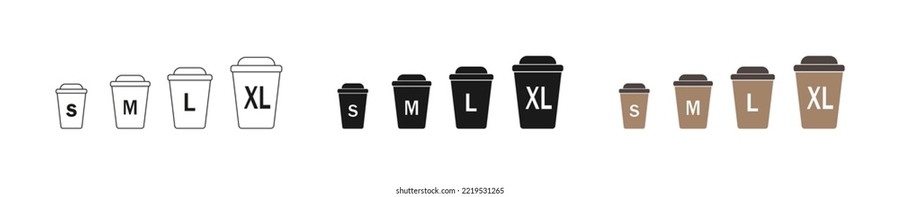 Cup coffee vector icons.  Coffee cups of different sizes: XL, M, L, S.  Isolated icons set on white background.  eps10