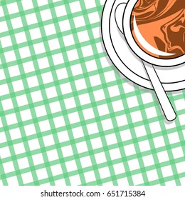 Cup of coffee. Vector illustration of a cup with cappuccino, coffee with milk on a tablecloth with a blank space for text.