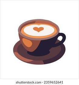 Una taza de café vectorial ilustración, taza plana de café con arte vectorial de latte de signo de amor de corazón aislada en un fondo blanco