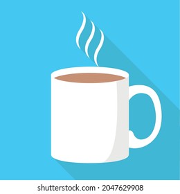 Cup of coffee vector illustration. Hot drink with steam. Coffee mug flat design with long shadow. For your design. 