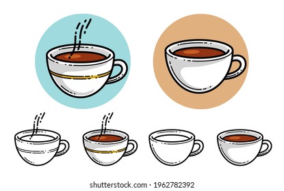 Cup of coffee vector illustration or icon isolated on white, hot beverage at morning, coffee shop, break in work during a day.