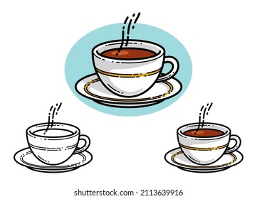 Cup of coffee vector illustration or icon isolated on white, hot beverage at morning, coffee shop, break in work during a day.
