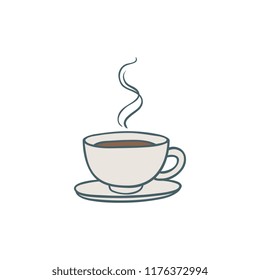 Cup of coffee vector illustration - mug with hot energy drink on saucer for breakfast or coffee break isolated on white background in sketch style. Hand drawn invigorating liquid.