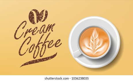 Cup Of Coffee Vector. Orange Background Top View. Cream Coffee Mug. Caffeine Hot Drink. Illustration