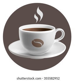  Cup of coffee, vector. realistic hot coffe on brown background. round icon 