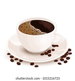 Cup of coffee vector realistic illustration. White cup of black coffee on a saucer on which coffee beans are scattered, isolated on white background