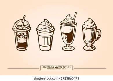 Cup of coffee vector set hand drawn illustration collection isolated on vintage color background.