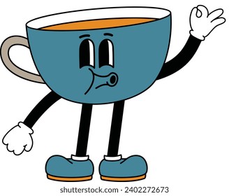 Cup of coffee Vector coffee time and tea, cup with tea bag and mint leaves on dish.background, clipart, steaming, steam, concept, abstract, contour, s