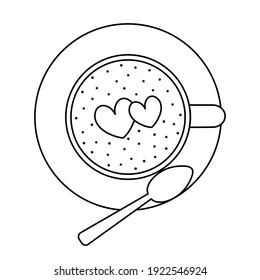 Cup of coffee. View from above. There is a spoon on the saucer. Sketch. Heart-shaped foam on the drink. Latte art. Vector illustration. Coloring book for children. Valentines Day. Doodle style. Symbol