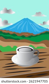 A cup of coffee with a view of the mountains
