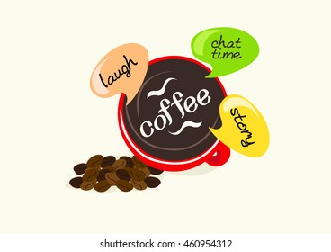 A cup of coffee view from top.Coffee chat time or coffee break. when people gathered together to talk about a lot of things and drink coffee. Set with 3 round colorful icons,speech bubble