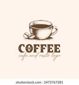 Cup of coffee in vintage hand drawn retro classic logo design vector for cafe and restaurant