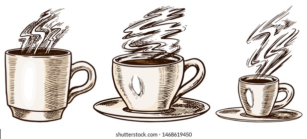 A cup of coffee in vintage style. Hand drawn engraved retro sketch for labels. Hot drink. Cappuccino Espresso Latte, template for menu.