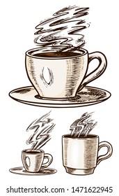 A cup of coffee in vintage style. Hand drawn engraved retro sketch for labels. Hot drink. Cappuccino Espresso Latte, template for menu.