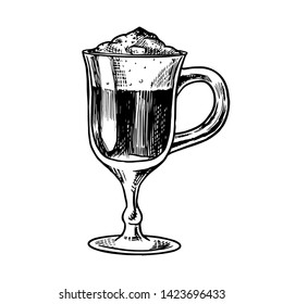 Cup of coffee in vintage style.  Latte in a glass. Hand drawn engraved retro sketch. Template for logo or label.